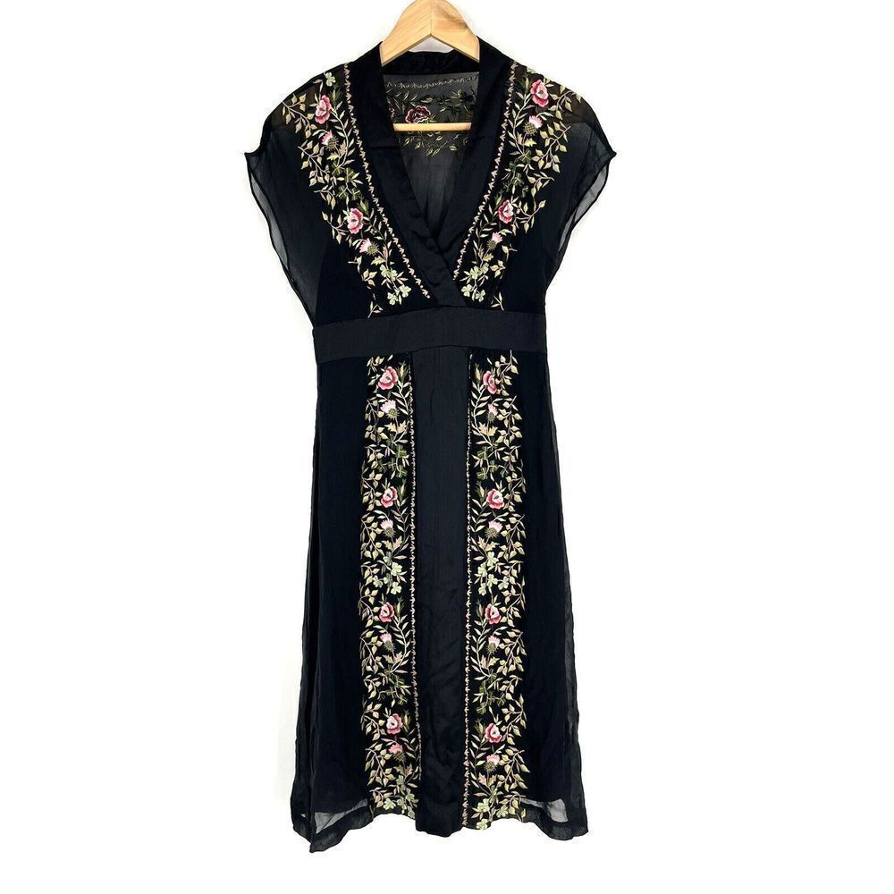 Vintage Sue Wong Dress Size 2 Black Silk Floral Embroidered Chiffon Overlay Y2K